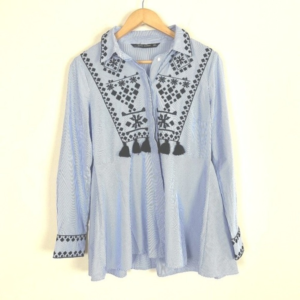 2/$30 Zara Oxford Blue White Stripe Embroidred Tassel Peplum Top Small - Picture 4 of 5
